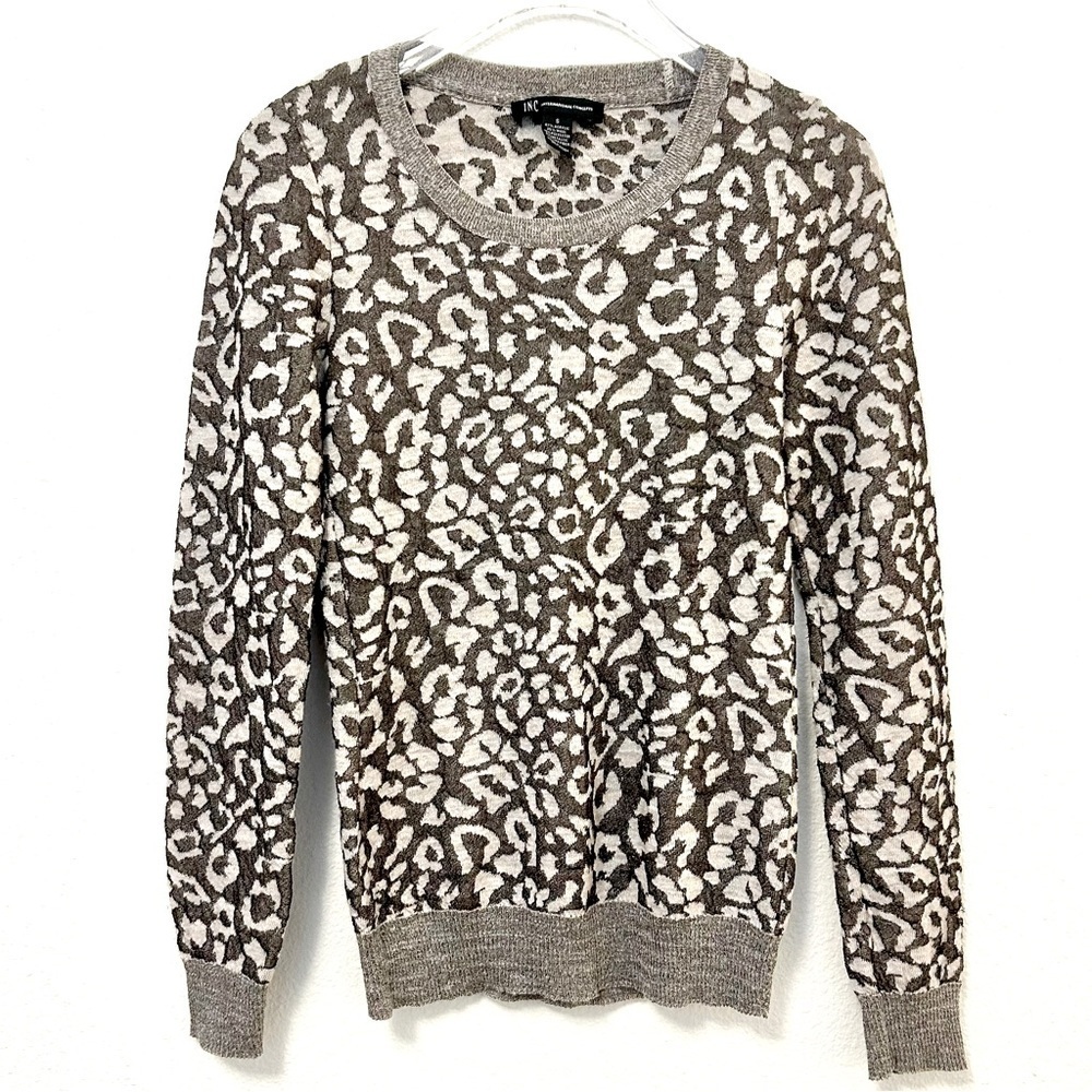 Animal Print Sweater Top INC Shirt Metallic Leopard Wool Brown Taupe Size Small - Picture 3 of 12